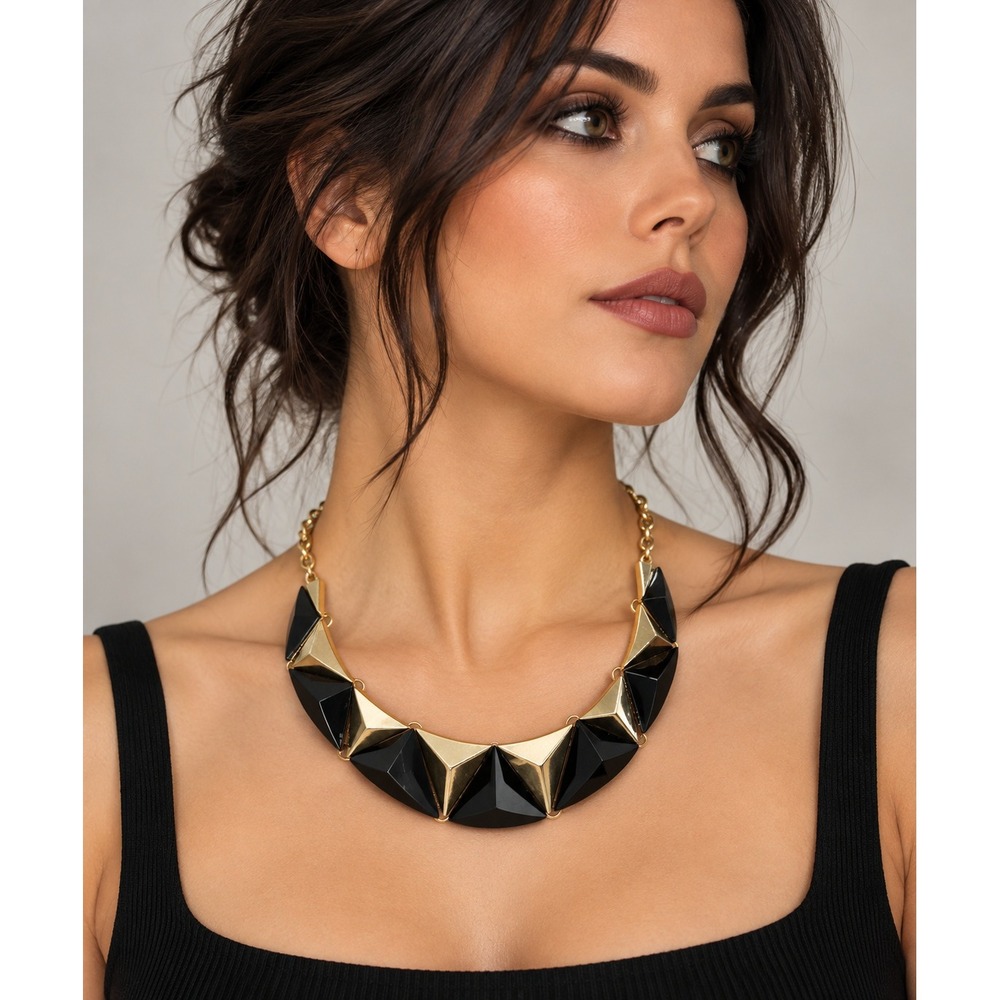 Geometric Black Gold Bib Necklace Pyramid Statement Modernist Punk Goth Edgy